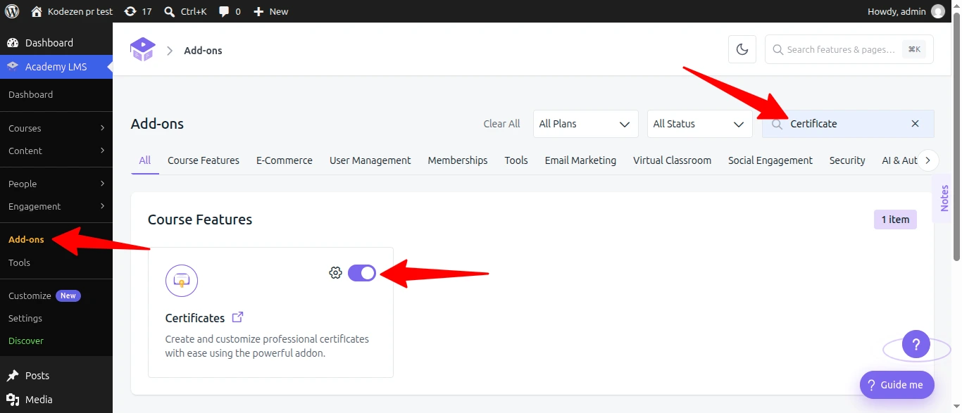 Academy LMS certificate addon page