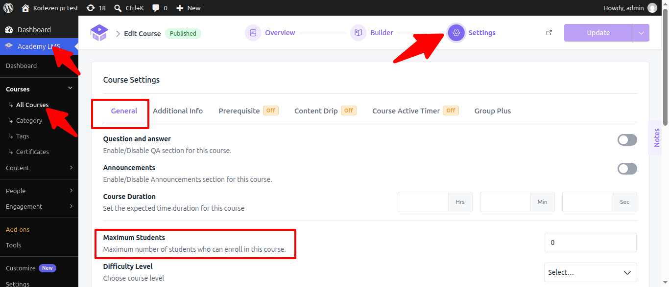 Academy LMS course settings & general page