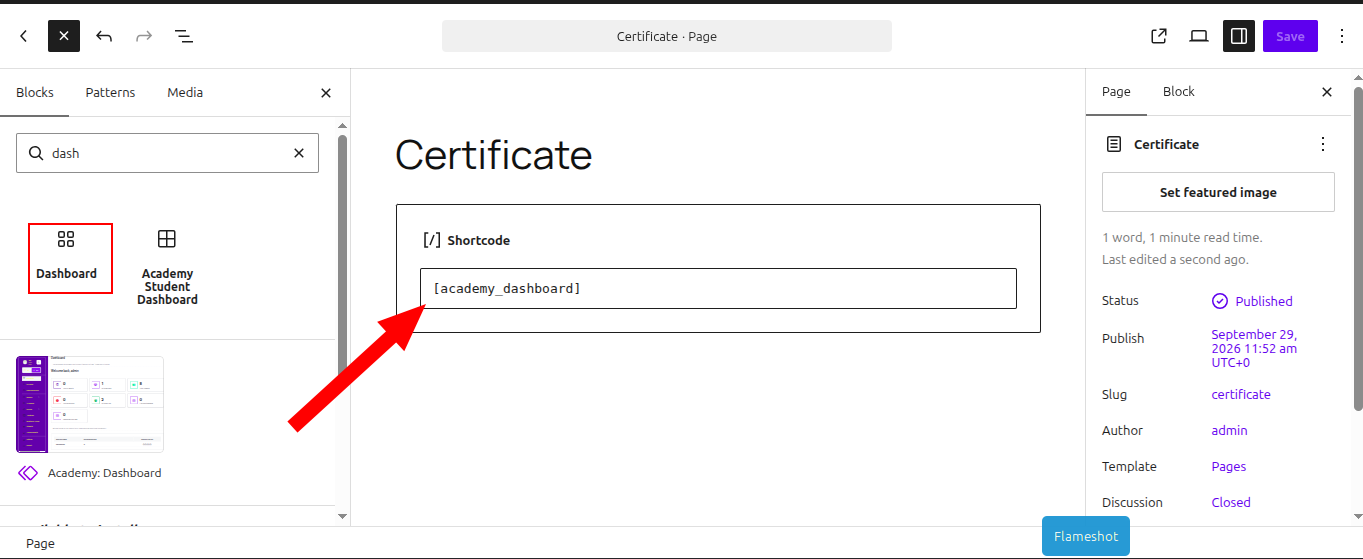 Academy LMS Dashboard block editor