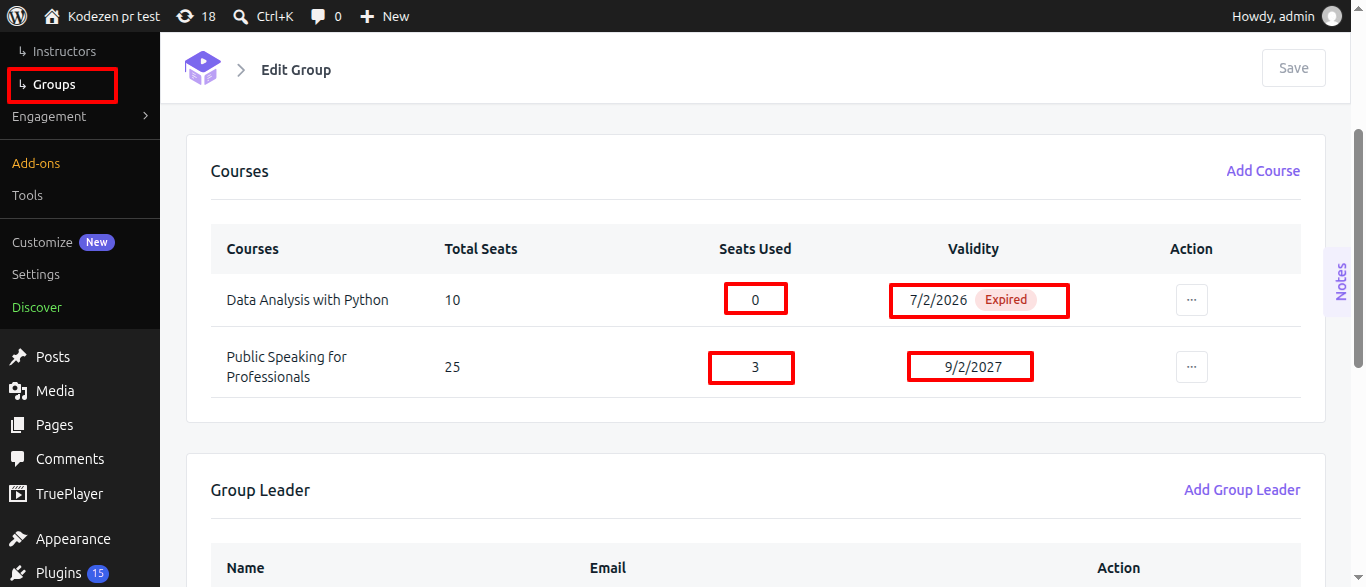 Academy LMS group of course list