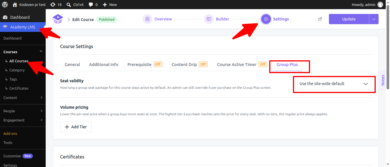 Academy LMS group plus addon of course settings page