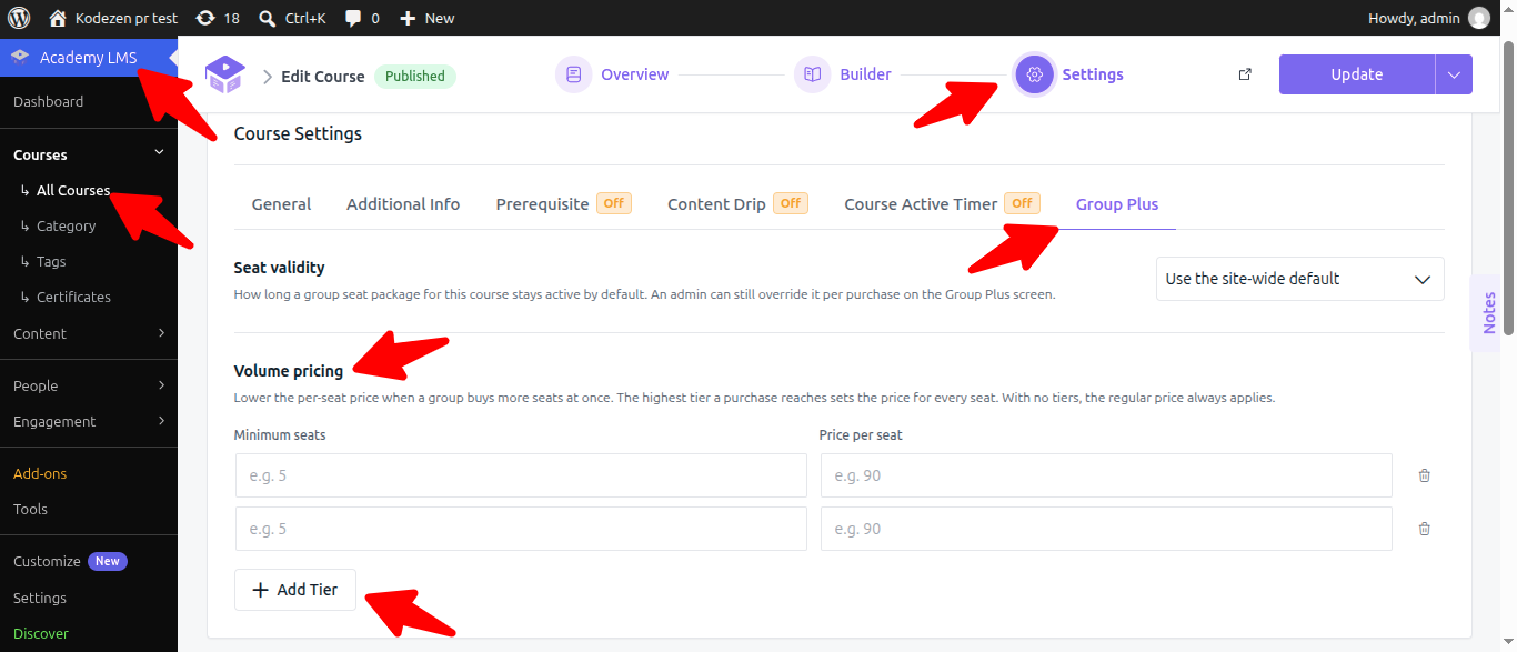Academy LMS Group plus addon The Volume Pricing tab sets a per seat 