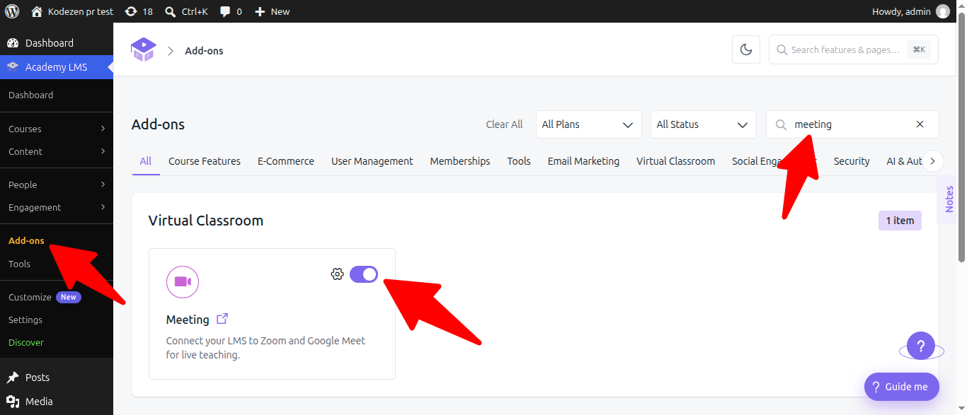Academy LMS meeting addon page