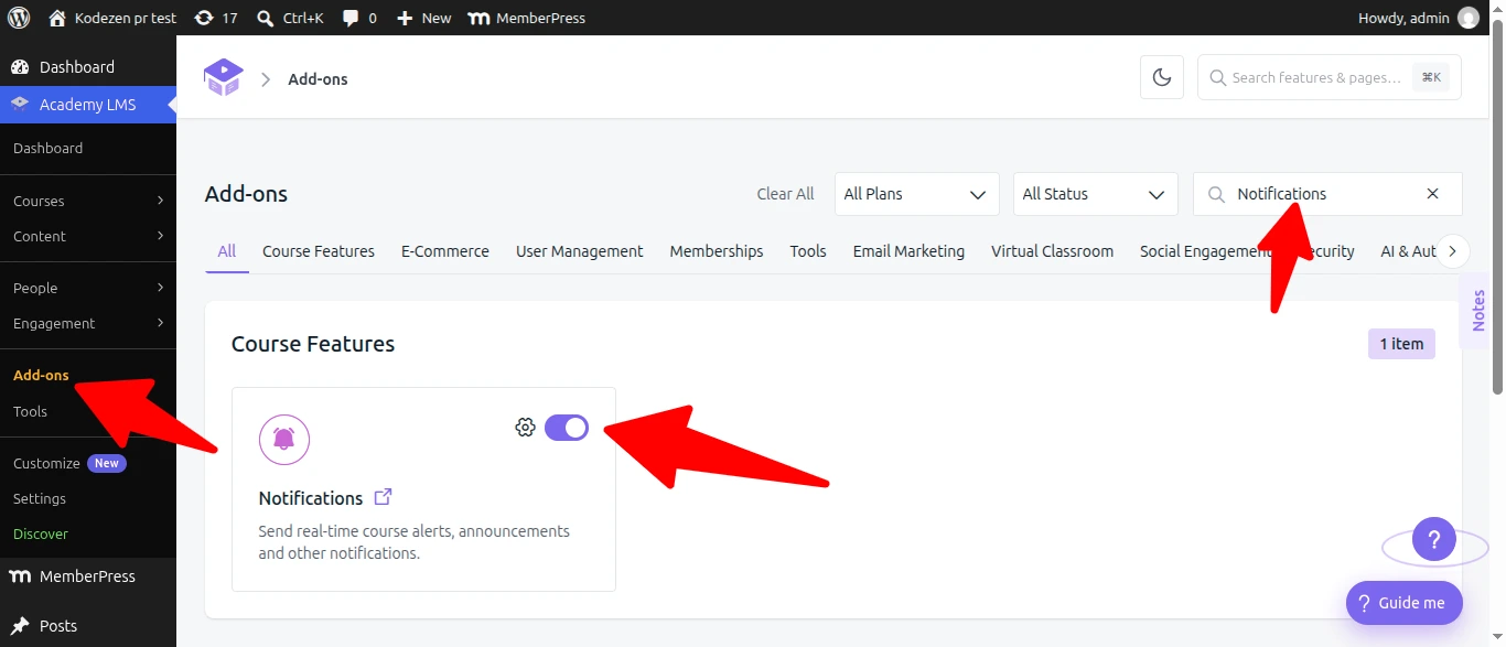 Academy LMS Notifications addon page
