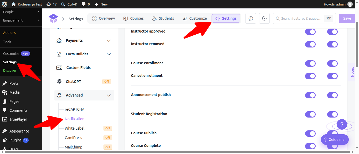 Academy LMS notifications page