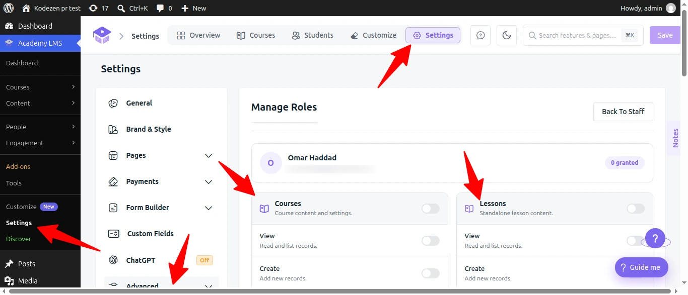 Academy LMS role management page