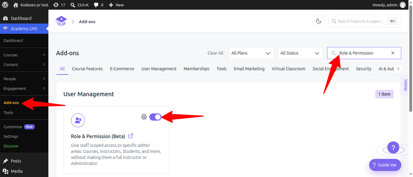Academy LMS role & permission addon page