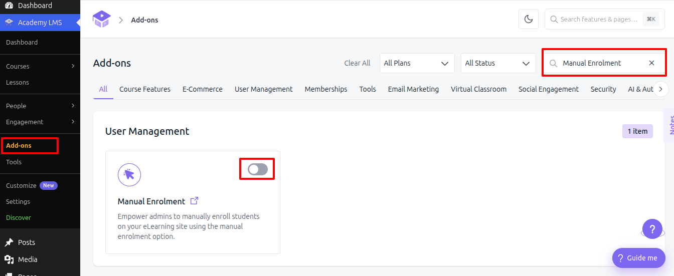 Academy LMS Show Manual Enrolment addon