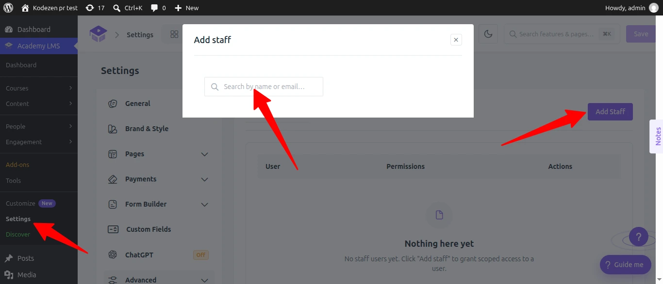 Academy LMS staff & add modal