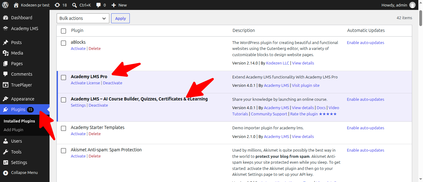 Academy LMS wordpress plugins page