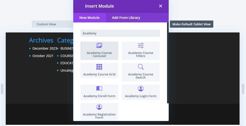 Academy modules in Divi