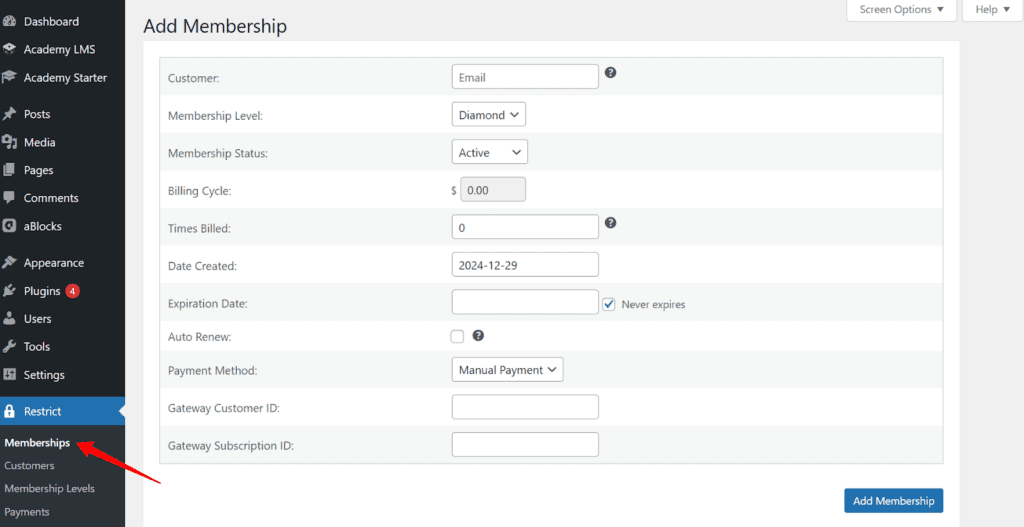 Add a membership by hand