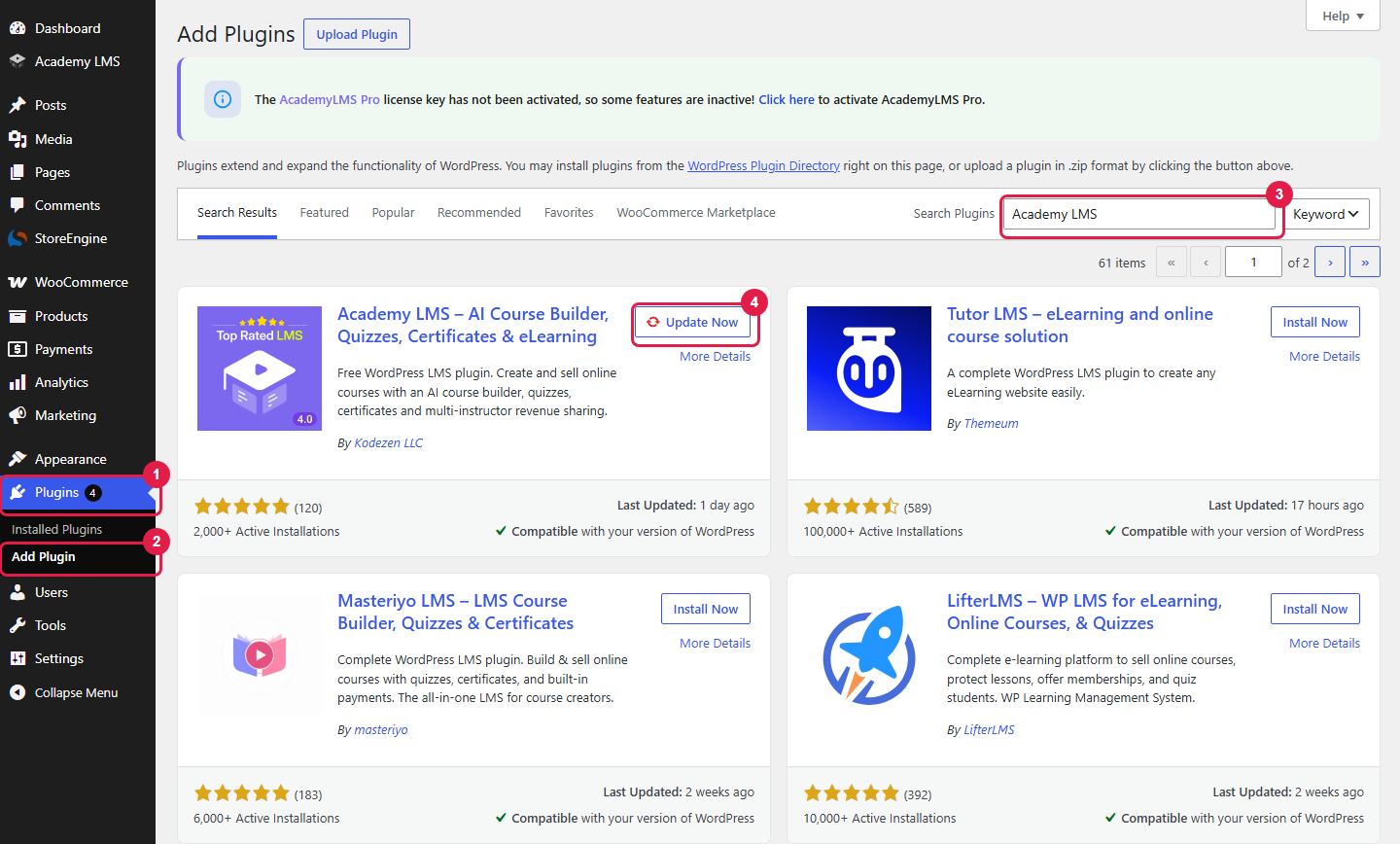 Add Plugins screen with the Plugins menu, the Add Plugin menu item, the search box with Academy LMS typed and the Academy LMS result button marked