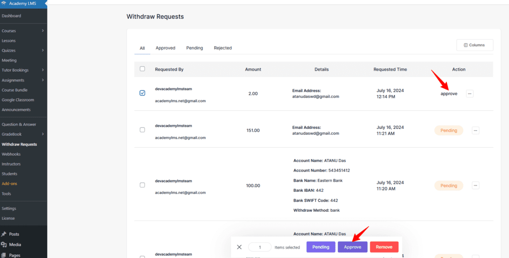 Approve a withdrawal request