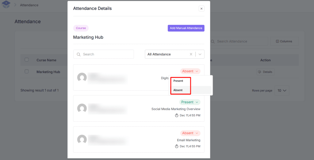 Attendance details for a course
