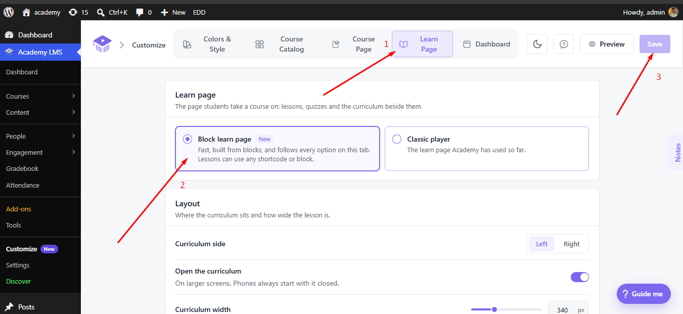 Block learn page