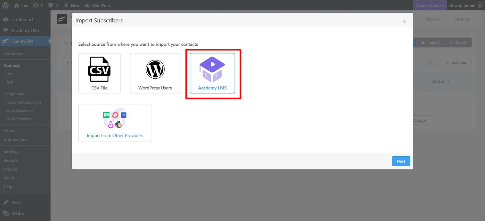 Choose Academy LMS as the import source