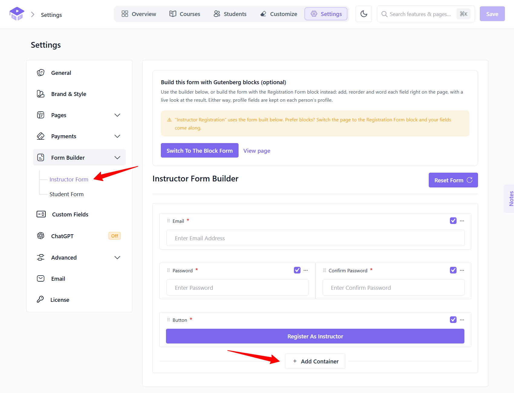 Instructor Form or Student Form Setting