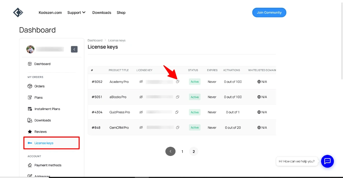 Copy license key on license page