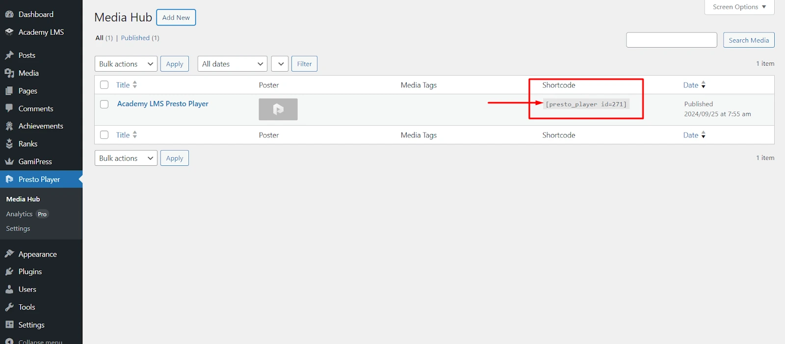 Copy the Presto Player shortcode