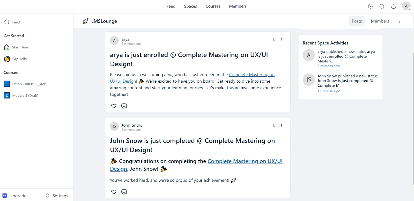 Course activity posts in a space