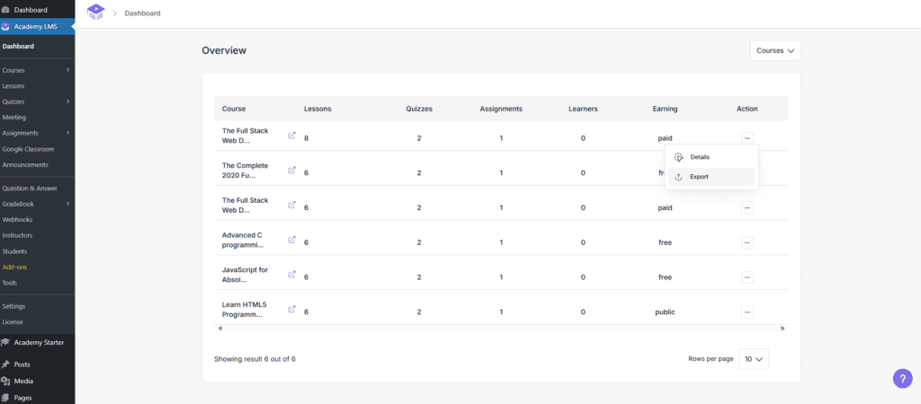 Course analytics with export