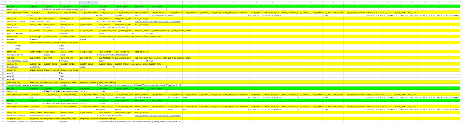 Course CSV example