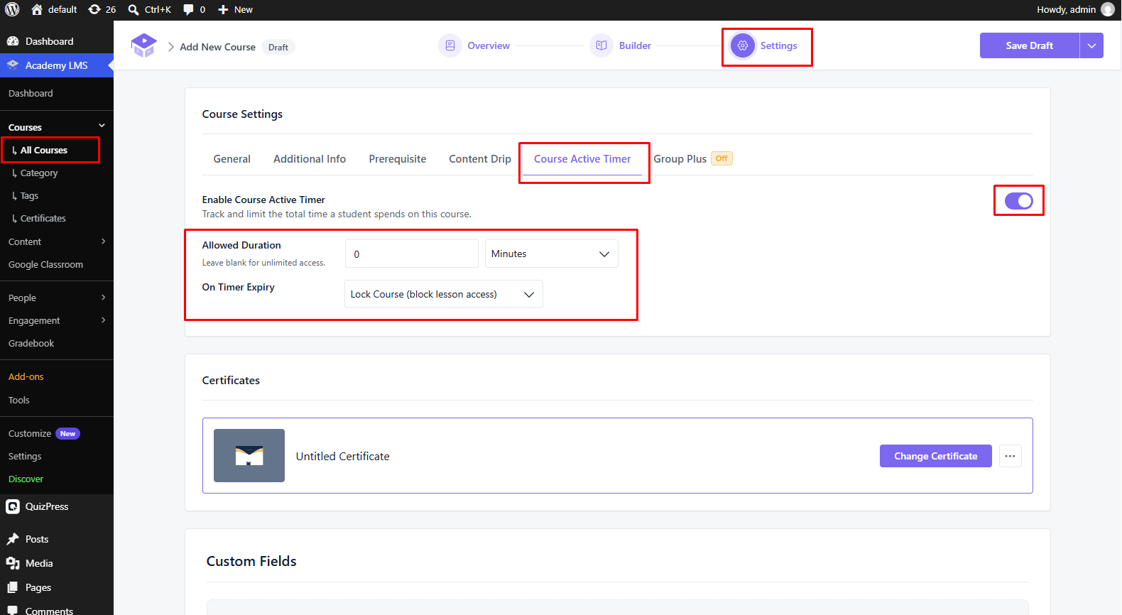 Course Settings Active Timer