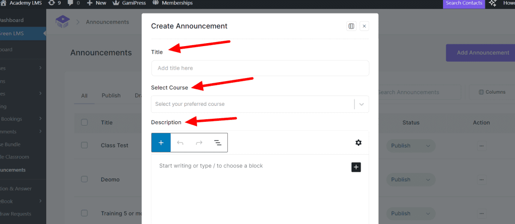 Create Announcement form
