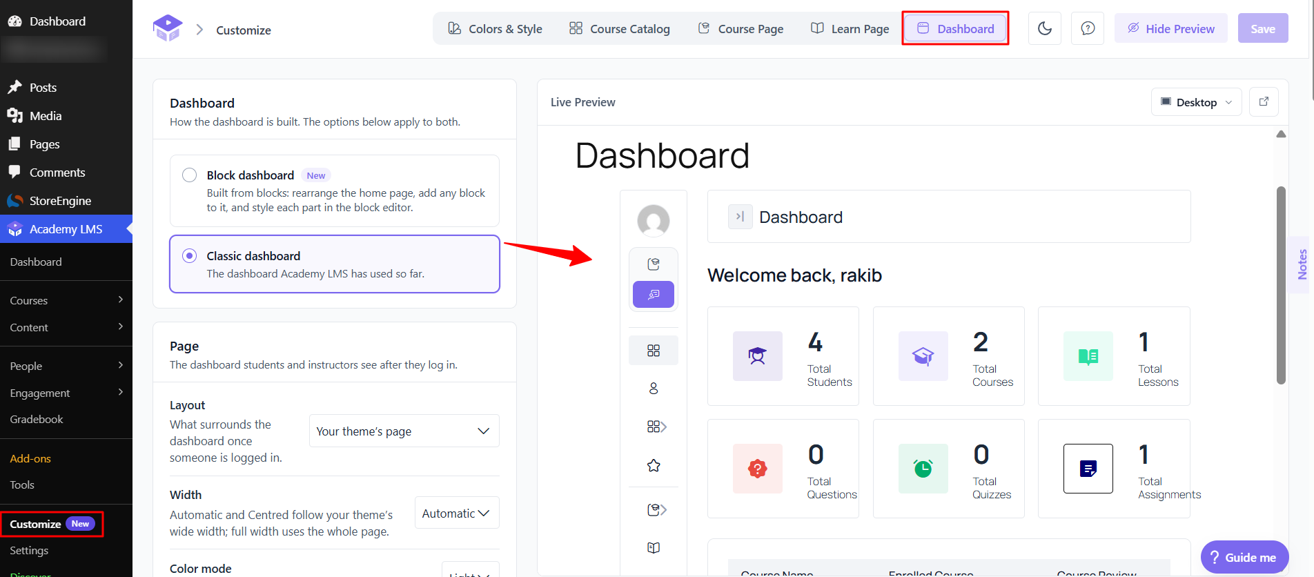 frontend dashboard's layout