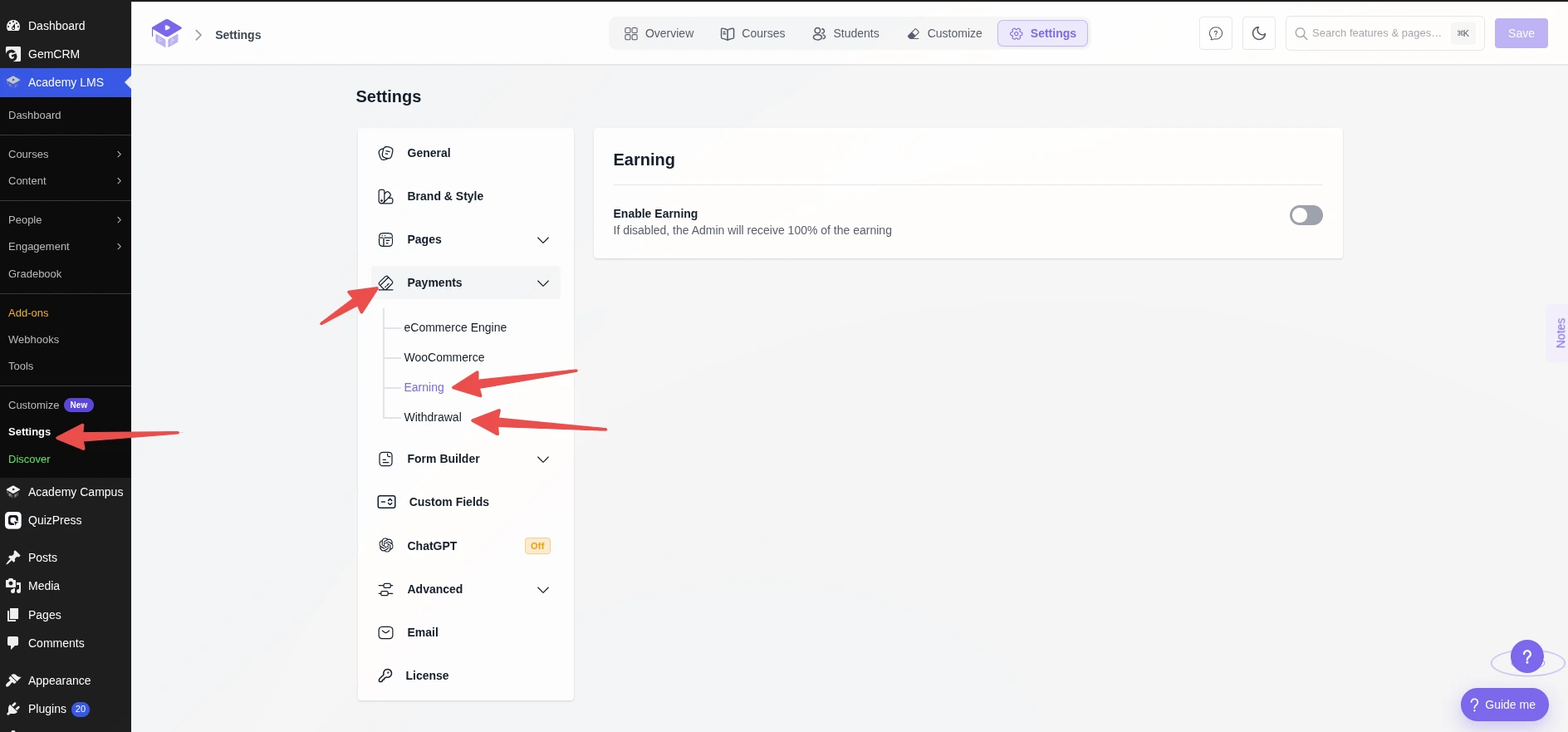 Earning and withdrawl tab