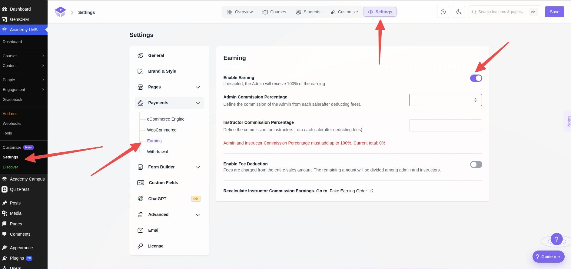 Enable Earning from earning tab