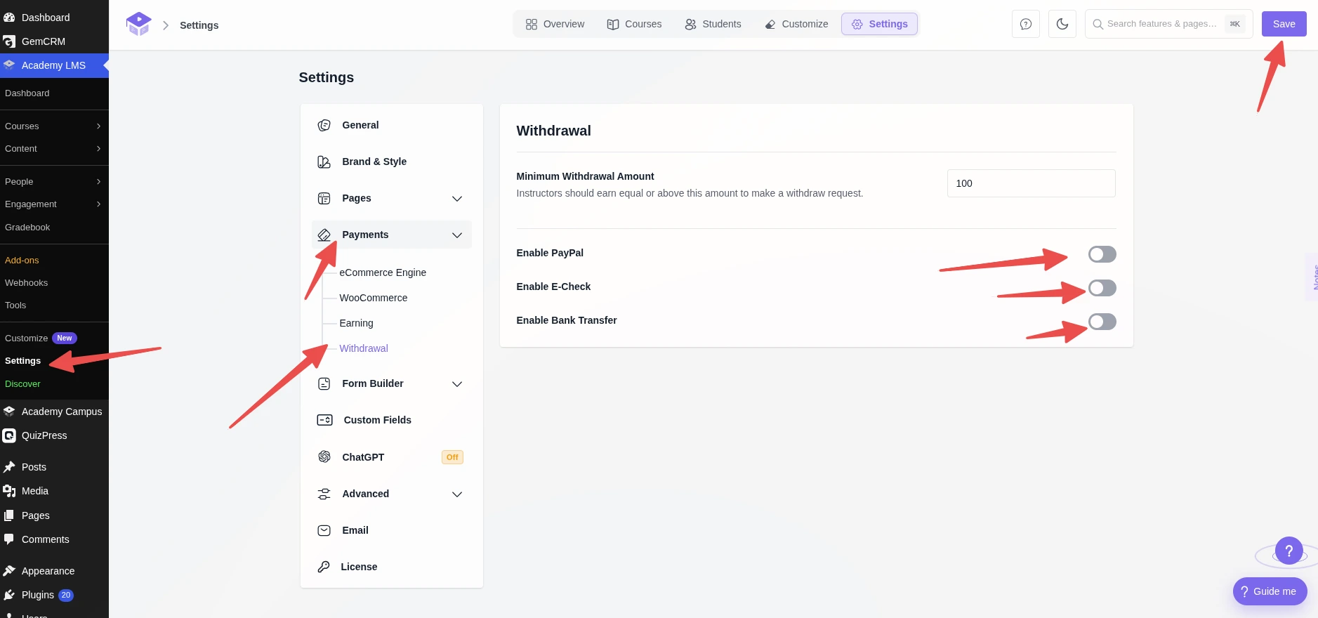 Enable withdrawl methods