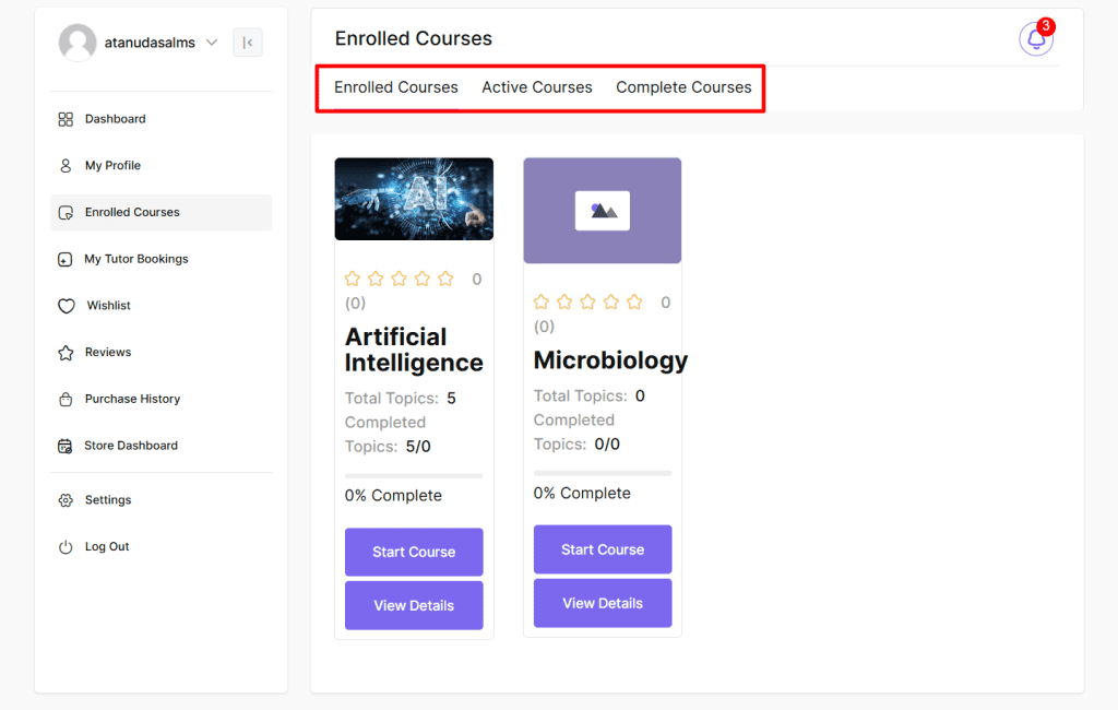 Enrolled courses in the dashboard