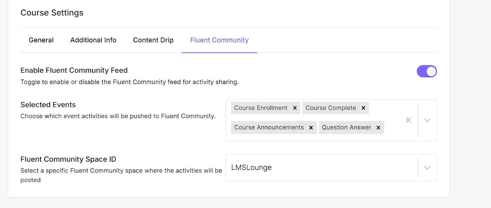 FluentCommunity settings in a course