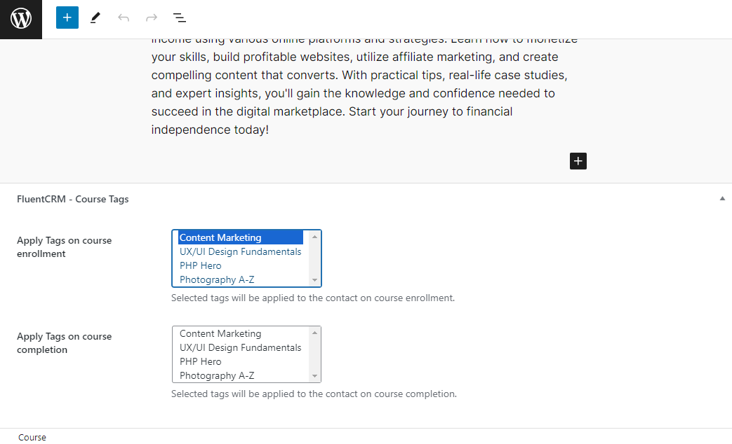 FluentCRM Course Tags in a course