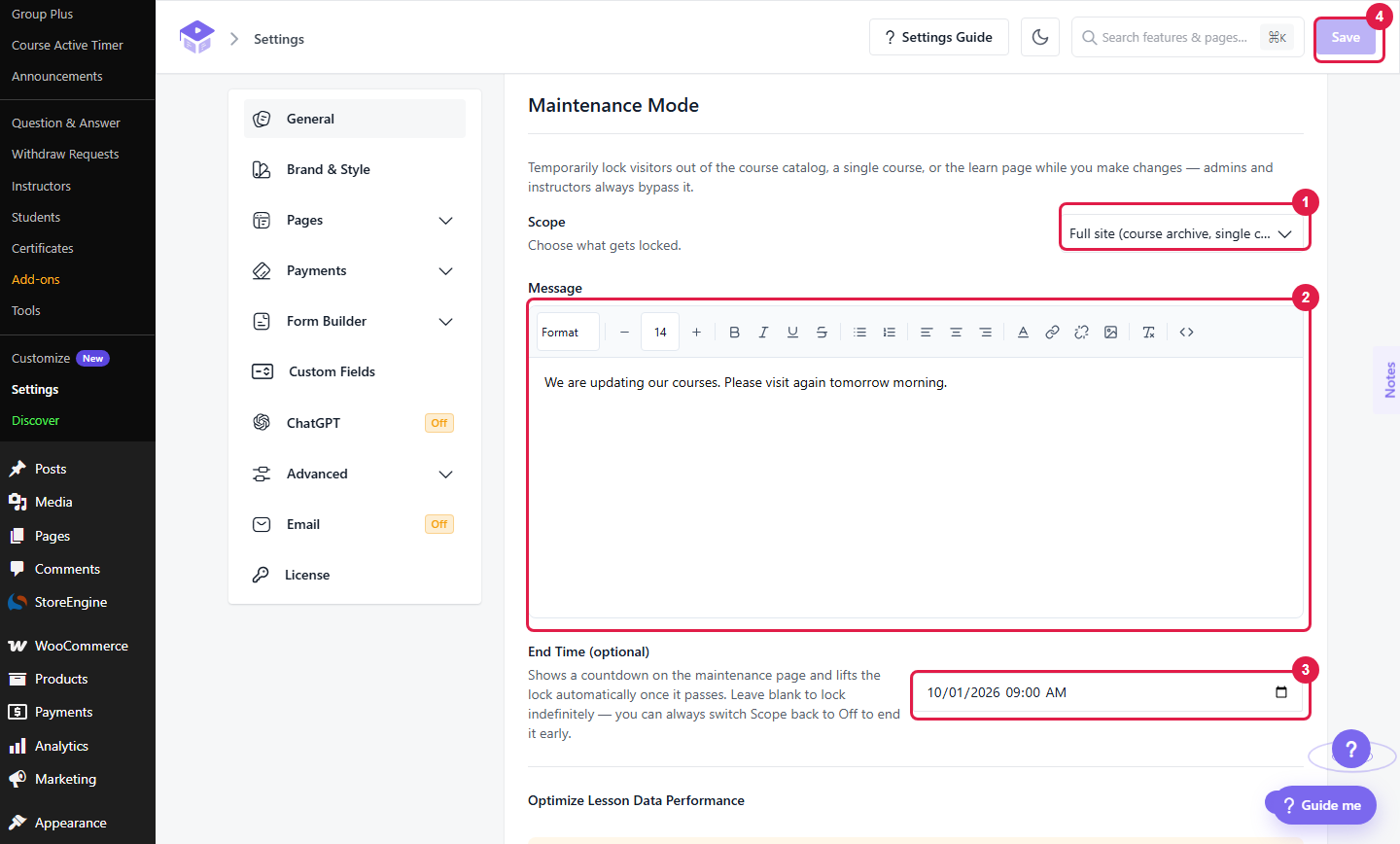 Full site scope with the Message editor, the End Time field and the Save button marked