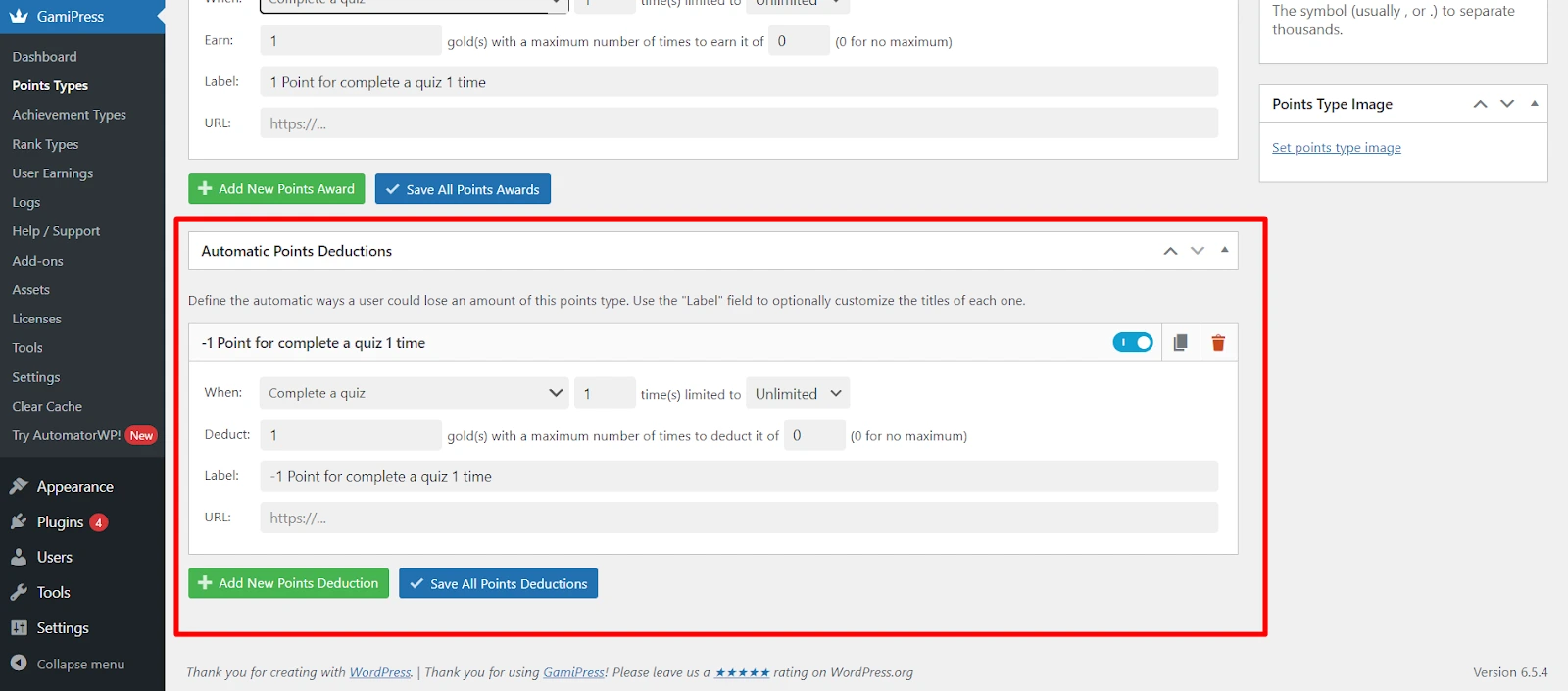 GamiPress placement settings