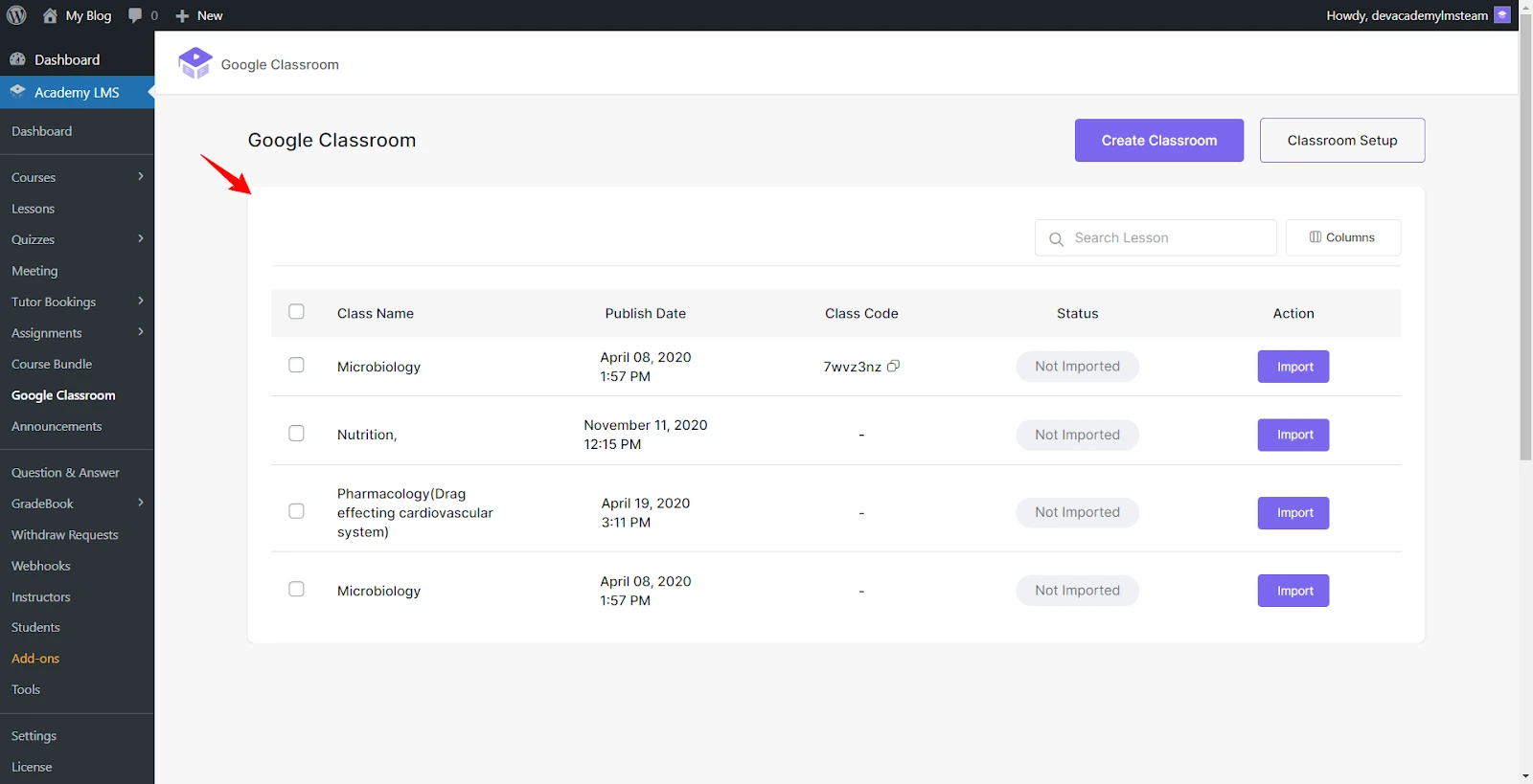Google Classroom menu