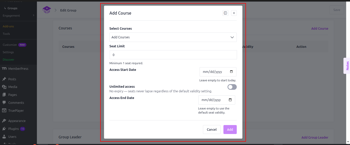 Group plus addon of course add modal