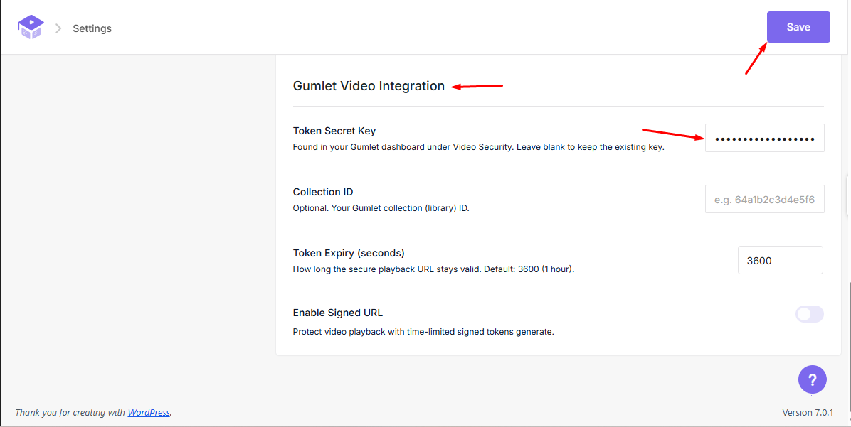 Gumlet settings on the Learn Page tab