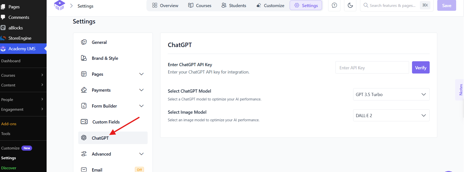 Academy LMS → Settings → ChatGPT
