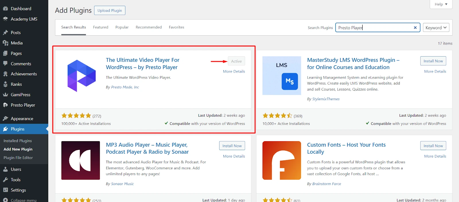 Install and activate Presto Player