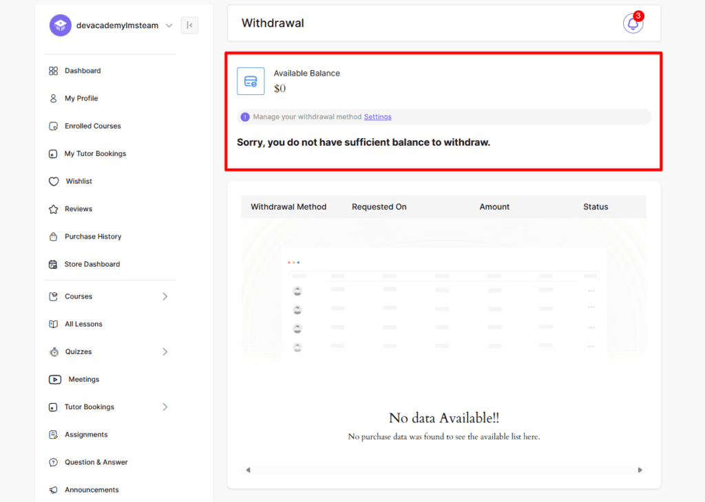Instructor Withdrawals page