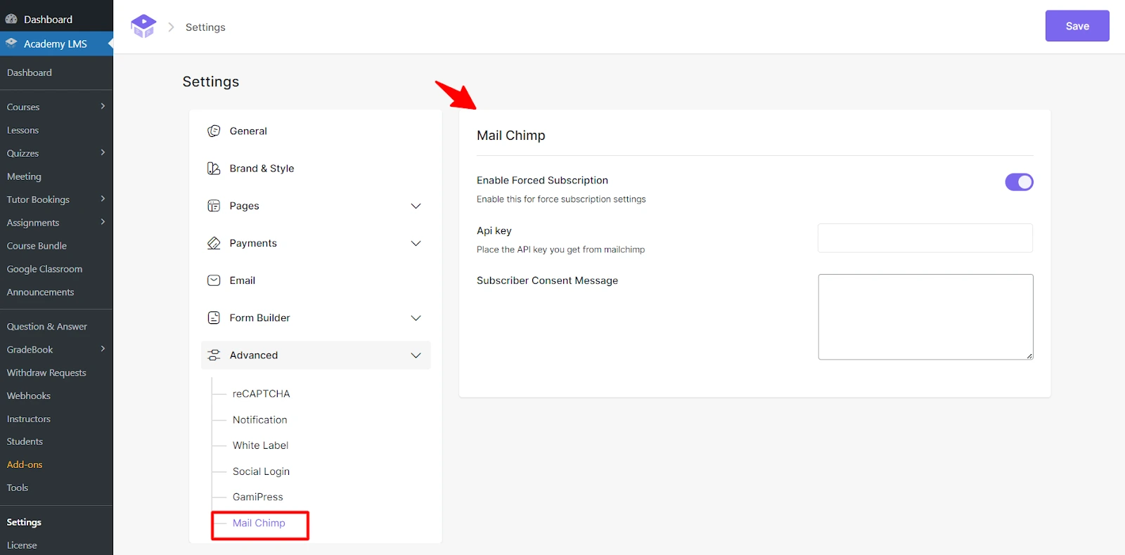 Mailchimp settings