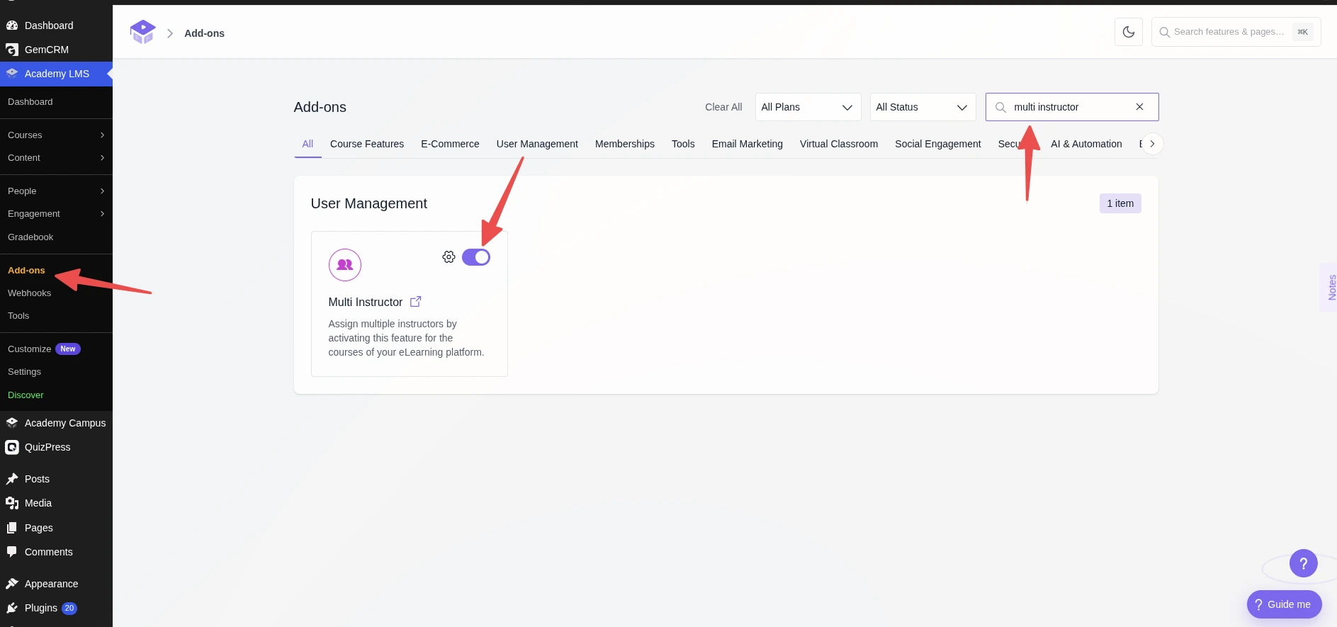 Multi instructor addon activation
