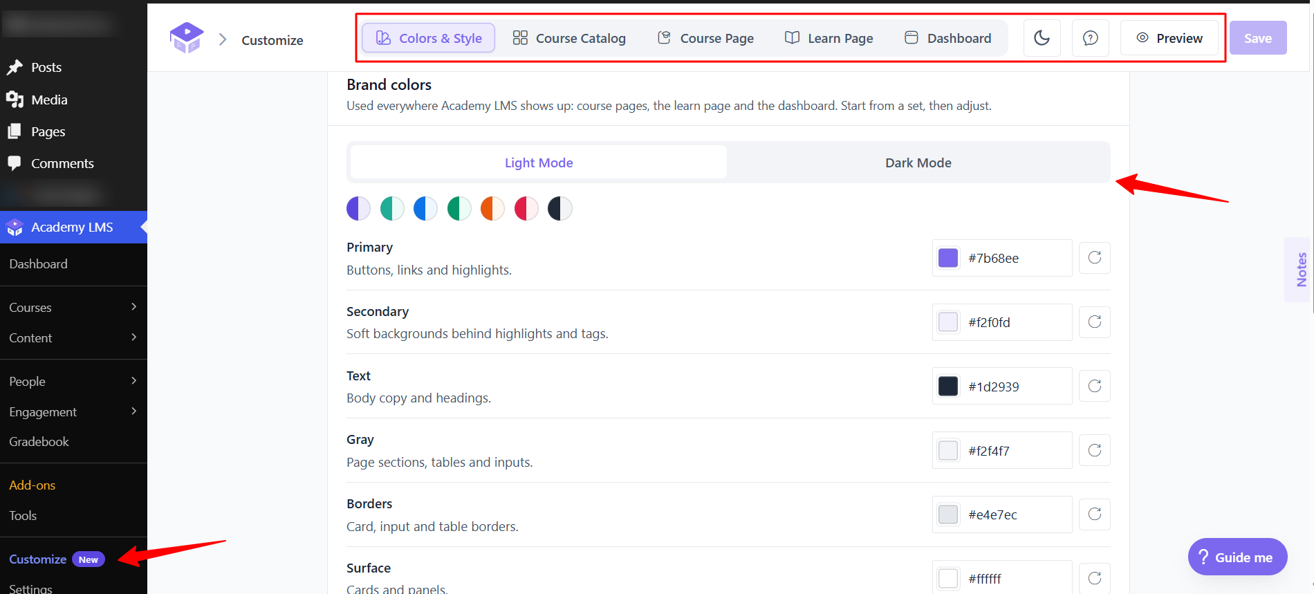 Open the Customize screen