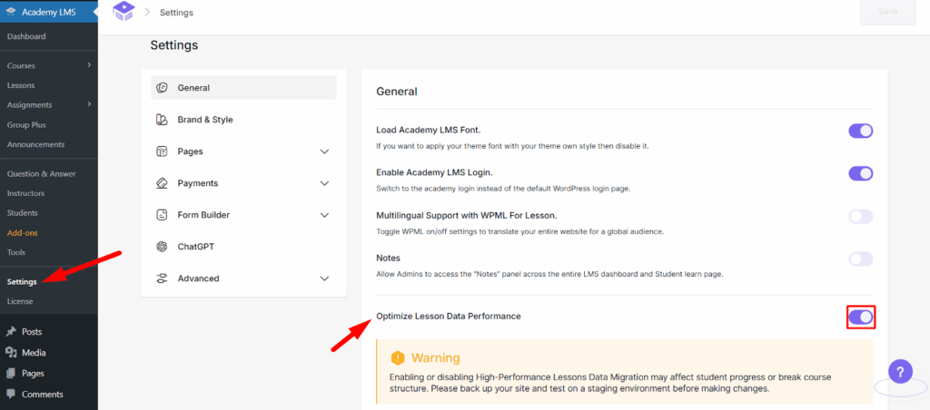 Optimize Lesson Data Performance setting