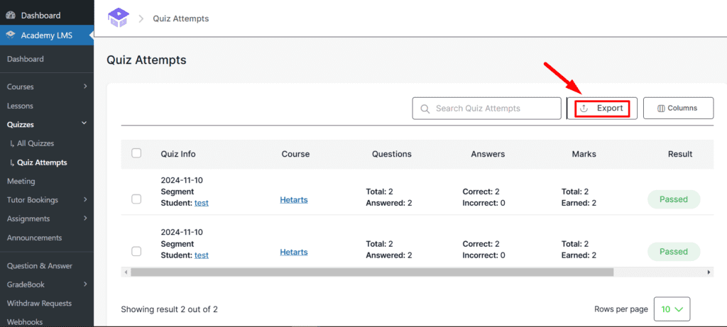 Quiz attempts export