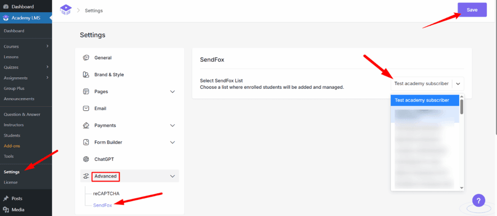 SendFox settings